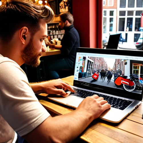 **A digital nomad in a busy Amsterdam cafe, working on a laptop with a VPN logo subtly displayed on the screen. The background shows diverse people and bikes, emphasizing a secure connection while enjoying the city's vibrant atmosphere. Focus on warm, inviting colors.**